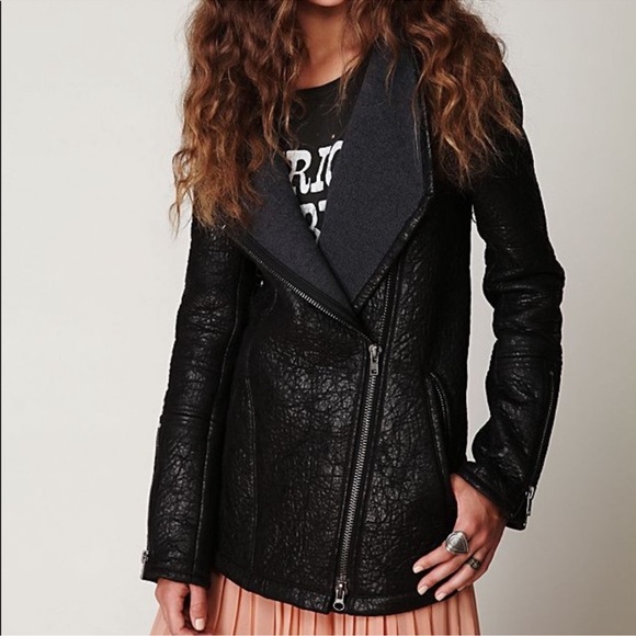 We the Free Black Textured Jacket Leather Full Zip metal moto biker Small pocket - Picture 1 of 15